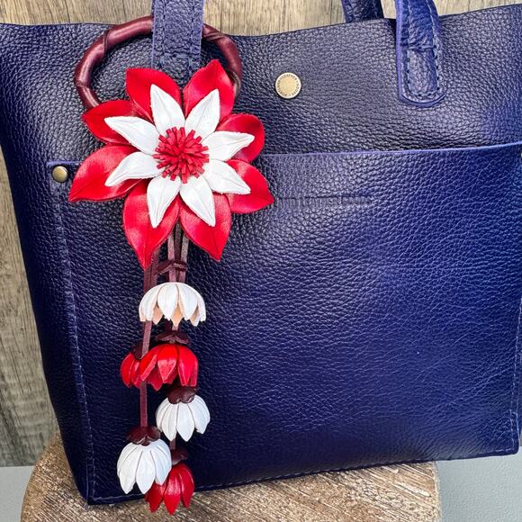 Leather Flower Purse Charm Genuine Leather Poinsettia Bag Charm Red Flower Flair - Picture 2 of 7